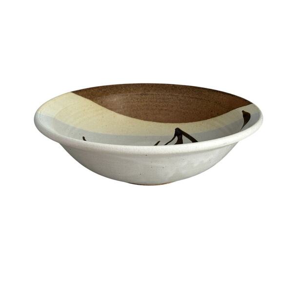 11 1/4” Stoneware Bowl Signed (Gary) Shaffer Blue Flowers Brown Yellow Dish - Picture 8 of 12